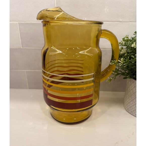 VTG MCM Anchor Hocking Amber Pitcher w Stripes - Picture 5 of 9